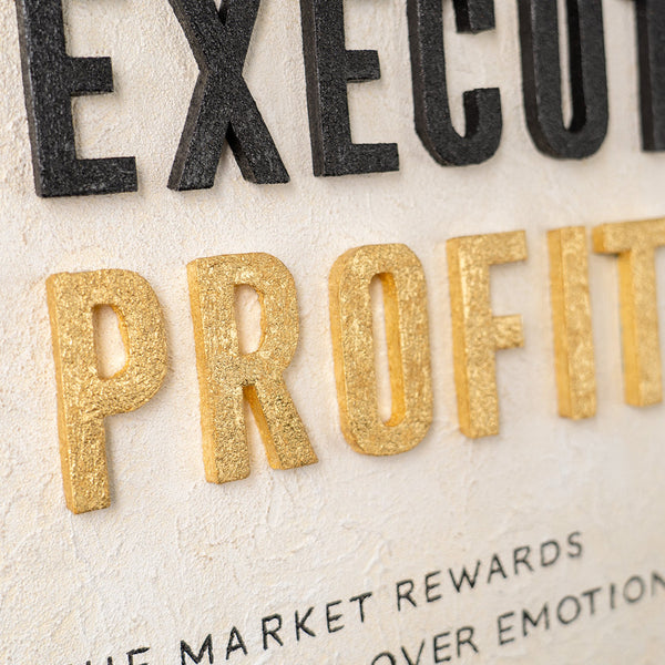 Analyze Execute Profit – handgemaltes Wandbild fürs Büro mit 3D-Relief, 140 × 70 cm
