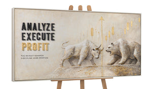 Analyze Execute Profit – handgemaltes Wandbild fürs Büro mit 3D-Relief, 140 × 70 cm