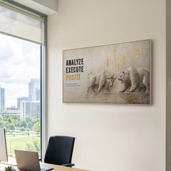 Analyze Execute Profit – handgemaltes Wandbild fürs Büro mit 3D-Relief, 140 × 70 cm