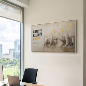 Analyze Execute Profit – handgemaltes Wandbild fürs Büro mit 3D-Relief, 140 × 70 cm