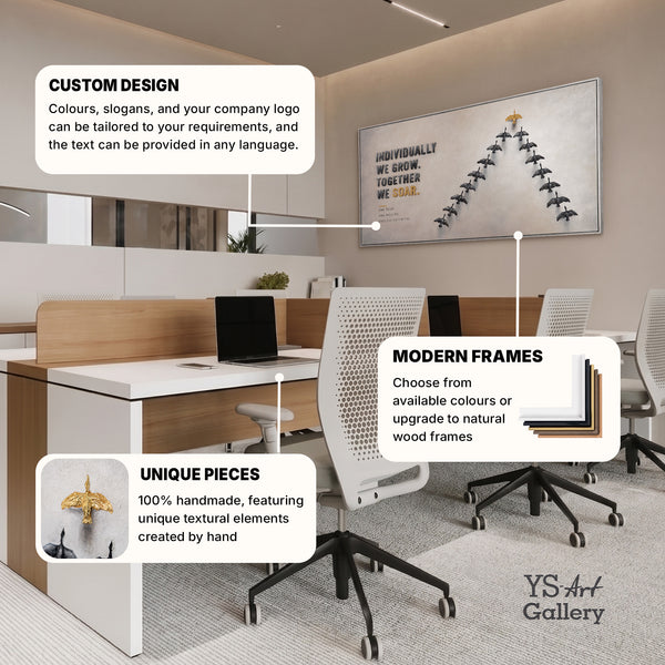 Together We Soar – handgemaltes Motivationsbild fürs Büro mit 3D-Relief, 140 × 70 cm
