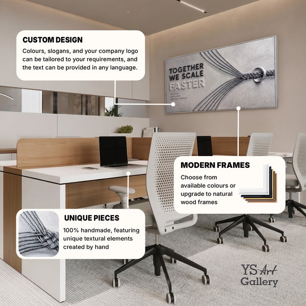 Together We Scale – handgemaltes Wandbild fürs Büro mit 3D-Relief, 140 × 70 cm