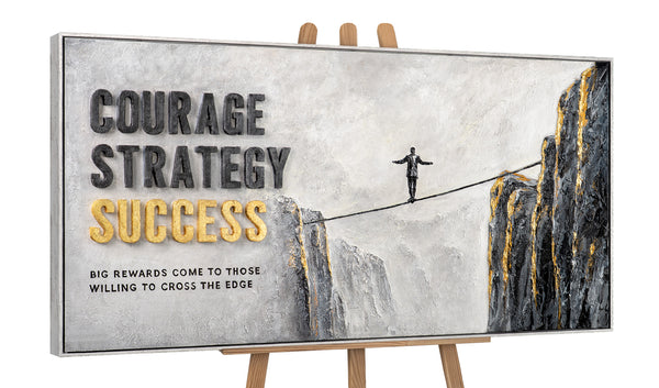 Courage Strategy – handgemaltes Motivationsbild fürs Büro mit 3D-Relief, 140 × 70 cm