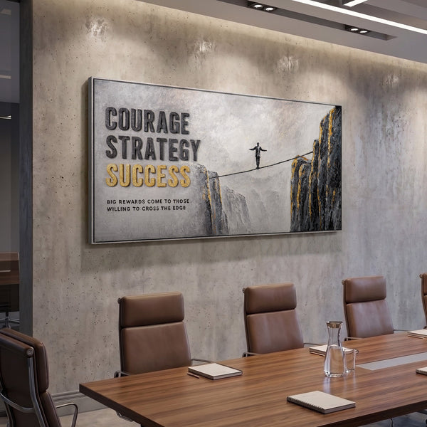 Courage Strategy – handgemaltes Motivationsbild fürs Büro mit 3D-Relief, 140 × 70 cm