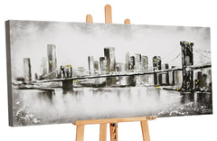 Handgemaltes Bild Brooklyn Bridge – Schwarz Weiß Silber mit Goldakzenten