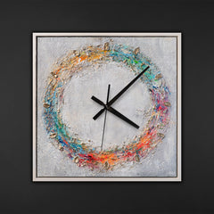 Wanduhr modern quadratisch – Lautlose Designer Wanduhr mit buntem Kreis-Motiv und weißem Rahmen