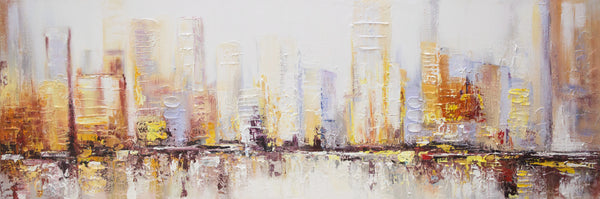 Leinwandbild "Morgens in Megapolis" – Abstrakte Megacity in warmen Farben, Acrylbild