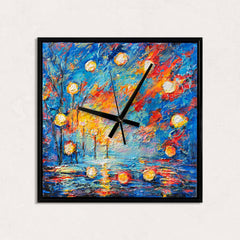 Wanduhr modern quadratisch – Lautlose Bunte Wanduhr mit Park-Motiv in Blau, Rot und Gelb