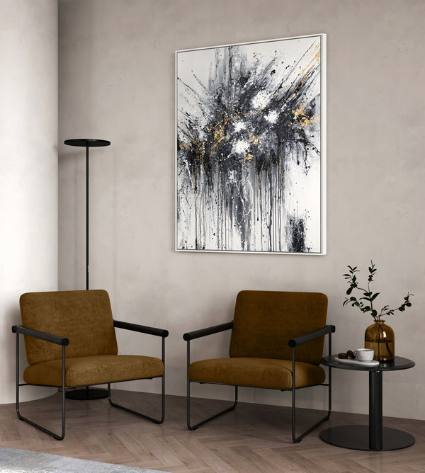 Abstraktes Schwarz Weiß Gold Leinwandbild im Wohnzimmer