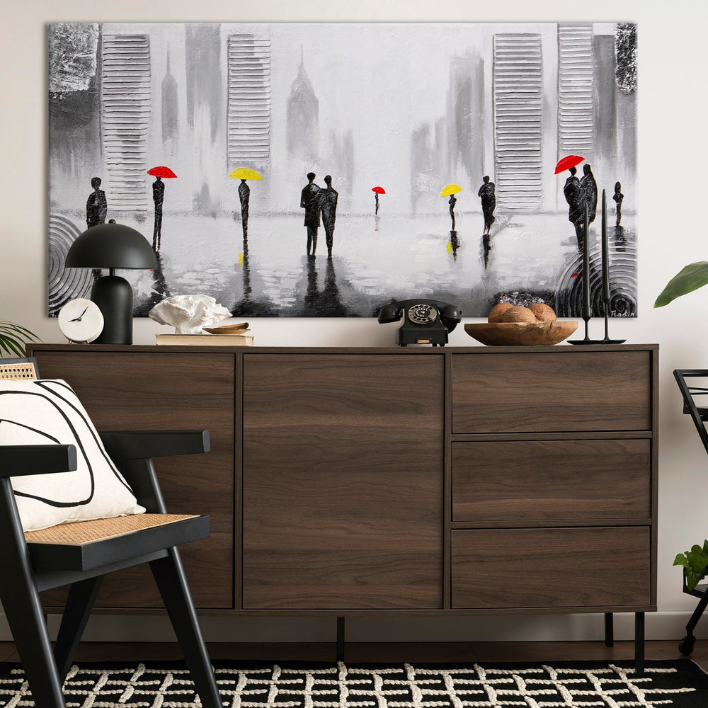 Abstraktes Stadtbild Grau Rot moderne Wandkunst mit Figuren