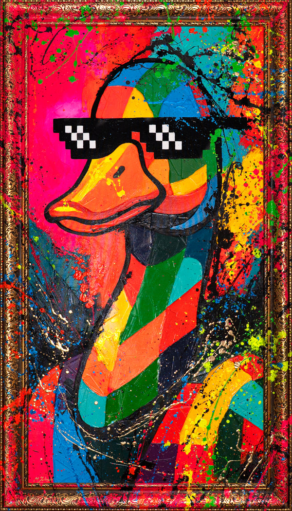 Ente mit Sonnenbrille abstrakte Acrylkunst auf Leinwand im Studio