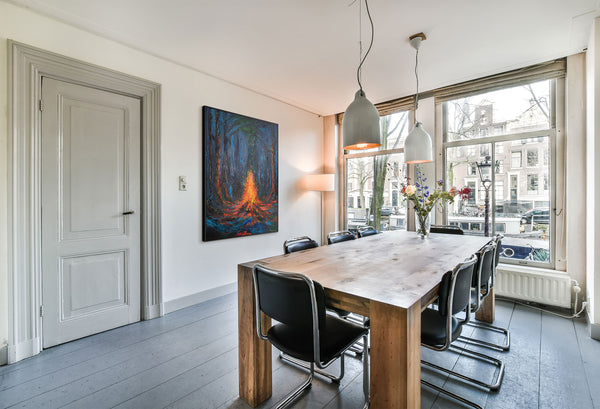 Handgemaltes Acrylbild Feuermotiv Blau Orange Wandkunst