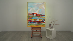 Colorful Landscape Painting "Tides of Inspiration" – Modern Framed Wall Art with Boat and Houses