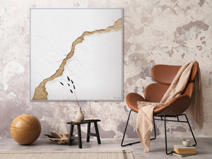 White with gold abstract painting with frame "Flow"