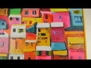 Bunte abstrakte Kunst Handgemaltes Leinwandbild mit Rahmen – Abstrakte Kleinstadt
