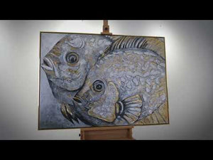 Acrylgemälde mit Fischen und Goldakzenten Handgemalte Kunst auf Leinwand mit Rahmen Magische Fische